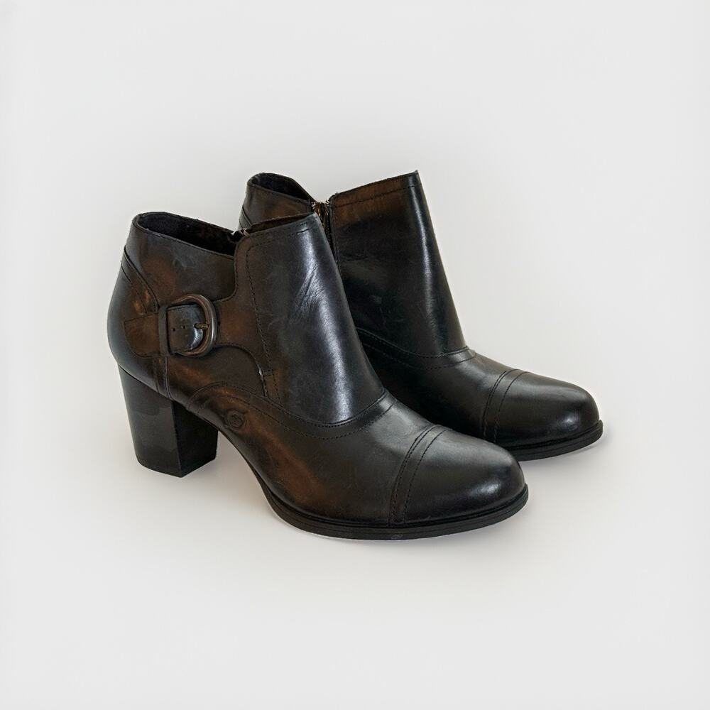 Born Morgane Black Leather Ankle Boots Women 9.5 Buckle Block Heel w Box